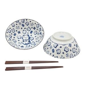 Japanese‎ Maneki Neko Lucky Cat 8" Ramen Noodle Soup Bowl Set of 2 w/ Chopsticks